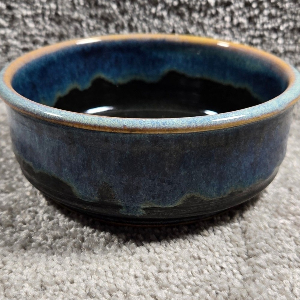 Studio Pottery Bowl Blue Drip Glaze Signed Artisan Stoneware Small
